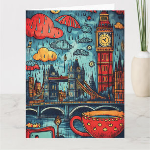  Rainy Day in London, Colorful Doodle Illustration Card
