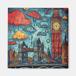  Rainy Day in London, Colorful Doodle Illustration Magnet