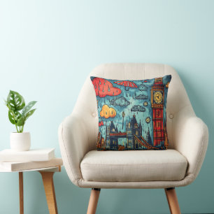  Rainy Day in London, Colorful Doodle Illustration Throw Pillow