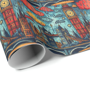  Rainy Day in London, Colorful Doodle Illustration Wrapping Paper
