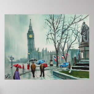 Rainy day in London people with umbrellas Poster