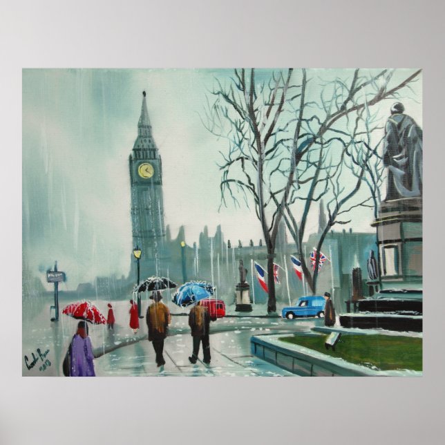 Rainy day in London people with umbrellas Poster (Front)