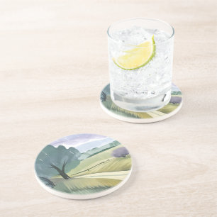 Rainy Day   Nature Watercolor Hills Landscape  Coaster
