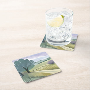Rainy Day   Nature Watercolor Hills Landscape  Square Paper Coaster
