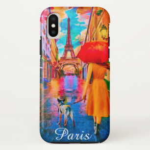 Rainy Day Paris With Eiffel tower girl & Dog Case-Mate iPhone Case