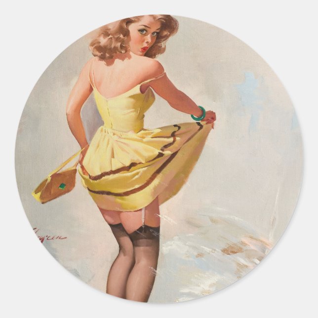 Rainy Day Pin-Up Girl Classic Round Sticker (Front)
