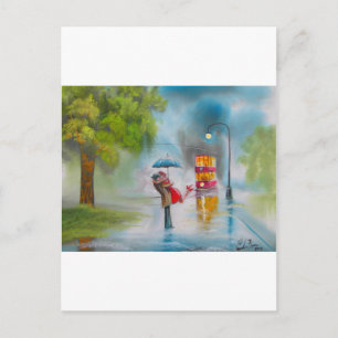 Rainy day red tram romantic couple umbrella postcard