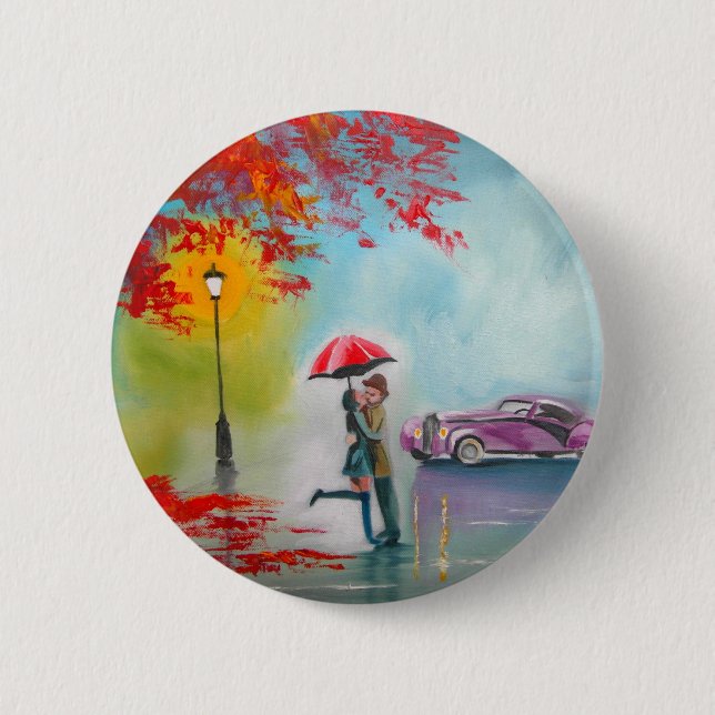 RAINY DAY RED UMBRELLA ROMANTIC COUPLE 2 INCH ROUND BUTTON (Front)