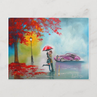 RAINY DAY RED UMBRELLA ROMANTIC COUPLE POSTCARD