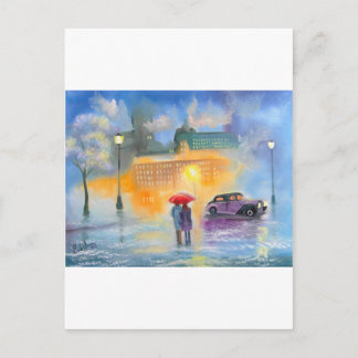 Rainy day red umbrella romantic couple walk postcard