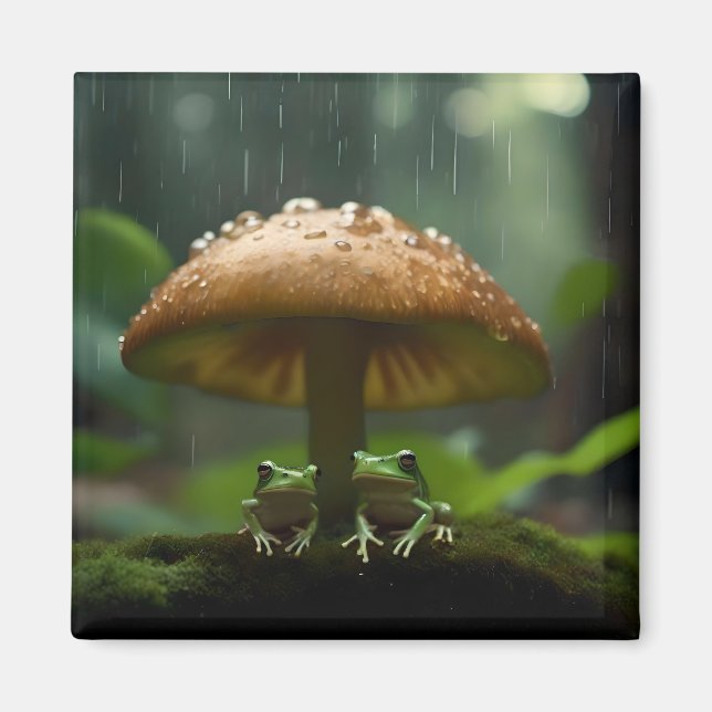 Rainy Day Refuge: Frogs Sheltering Under Mushroom Magnet (Front)