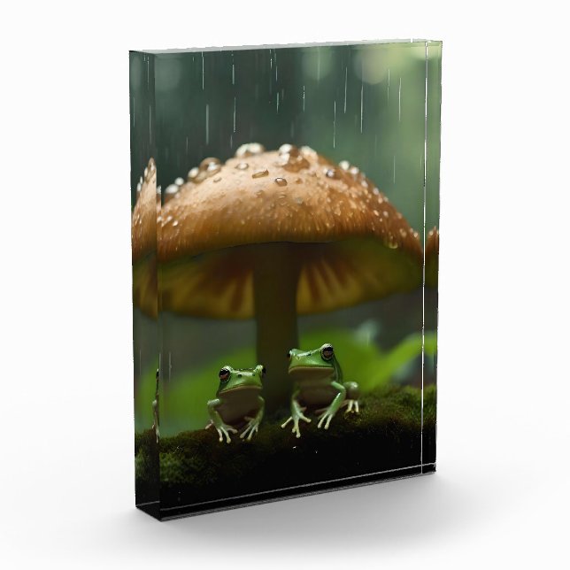 Rainy Day Refuge: Frogs Sheltering Under Mushroom Photo Block (Left)