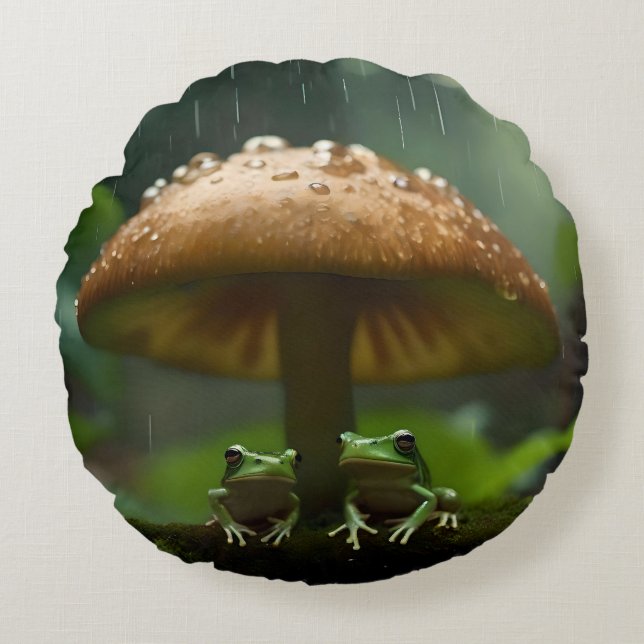Rainy Day Refuge: Frogs Sheltering Under Mushroom Round Pillow (Front)