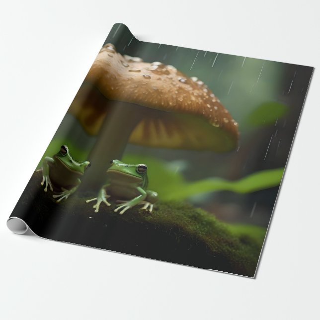 Rainy Day Refuge: Frogs Sheltering Under Mushroom Wrapping Paper (Unrolled)