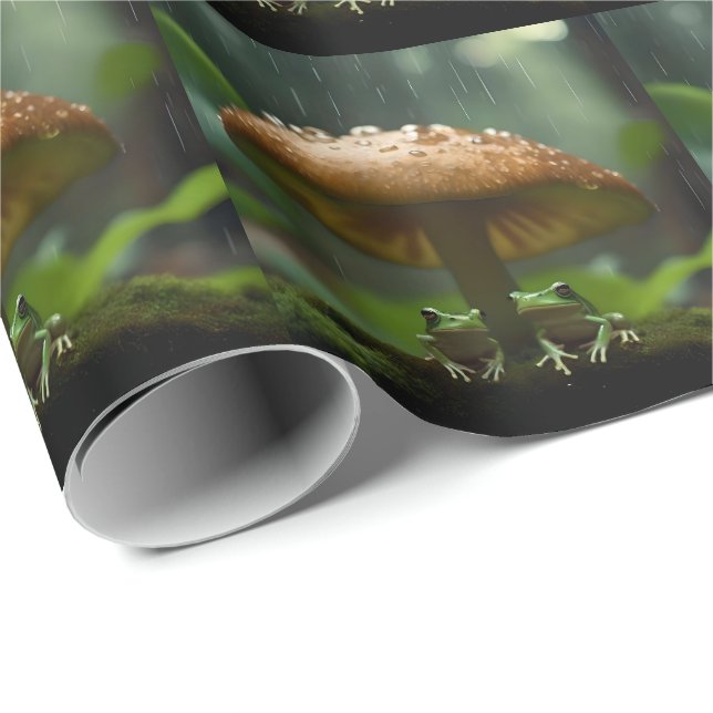 Rainy Day Refuge: Frogs Sheltering Under Mushroom Wrapping Paper (Roll Corner)
