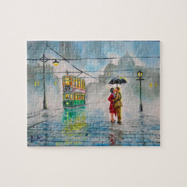 rainy day romantic couple umbrella tram painting jigsaw puzzle (Horizontal)