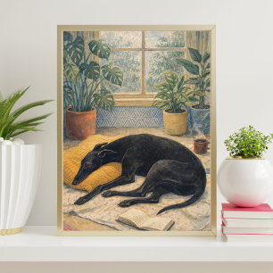 Rainy Day Serenity with Sleeping Black Greyhound Poster