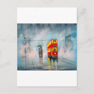 RAINY DAY UMBRELLA RED TRAM romantic couple Postcard