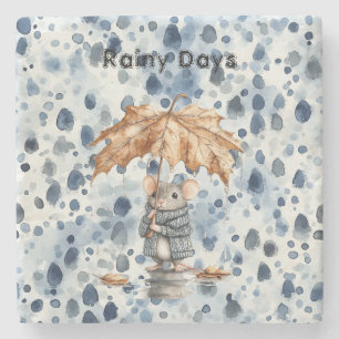 Rainy Days Blue Mouse Leaf Umbrella Stone Coaster