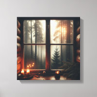 Rainy Forest View from Cabin Vintage Window Scene