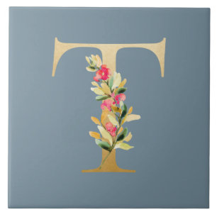 Rainy grey background faux golden T floral Tile
