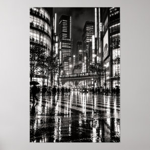 Rainy Night City with Elevated Train Black and Whi Poster