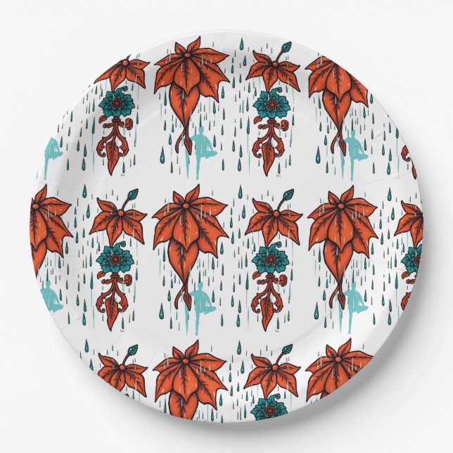 Rainy Reflections – Terracotta & Teal Traditional  Paper Plate (Front)