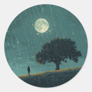 Rainy Solitude – Lonely Person & Tree Illustration Classic Round Sticker