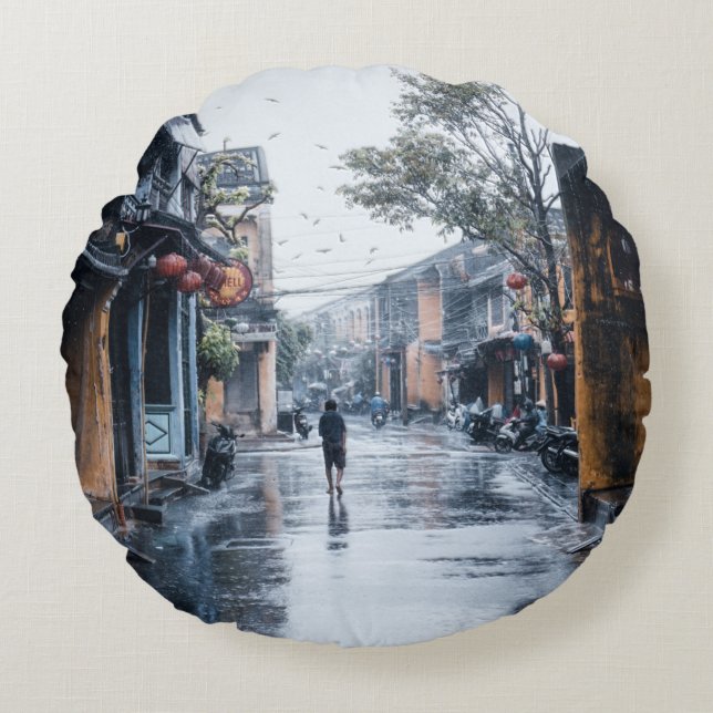 Rainy Streets of Vietnam Round Pillow (Front)