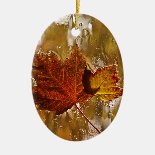Rainy Window Maple Leaves Ceramic Ornament (Front)