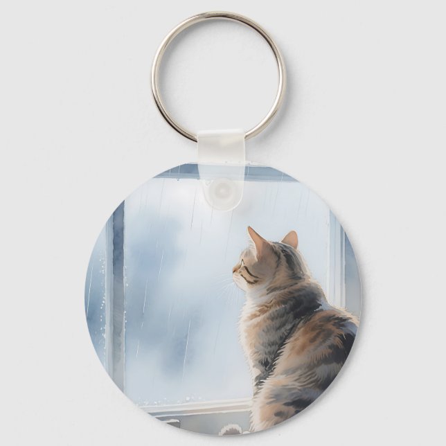 Rainy Window Watercolor Tabby Cat Keychain (Front)
