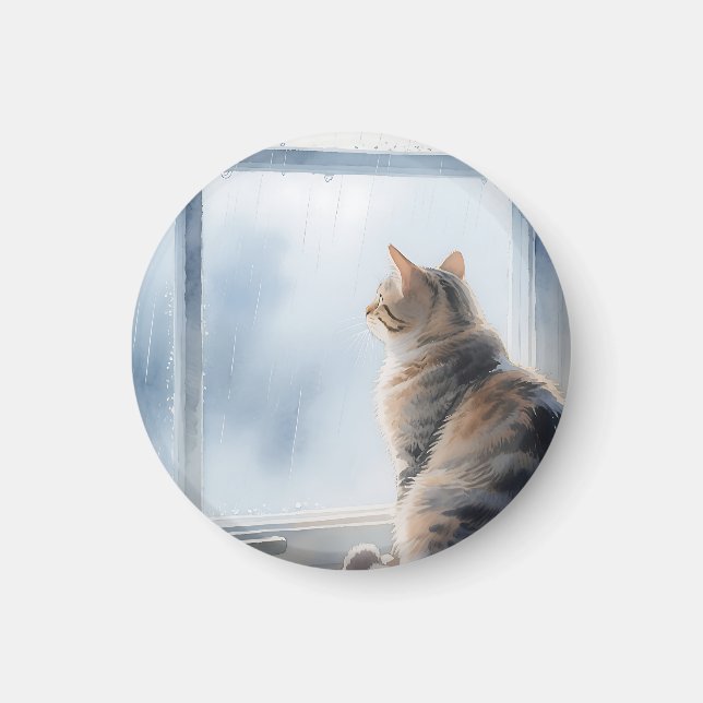 Rainy Window Watercolor Tabby Cat Magnet (Front)