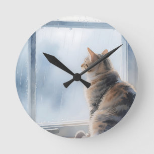 Rainy Window Watercolor Tabby Cat Round Clock