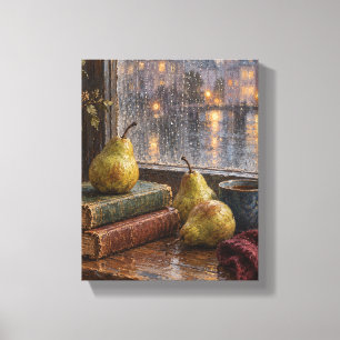 Rainy Window with Vintage Books and Pears Canvas Print