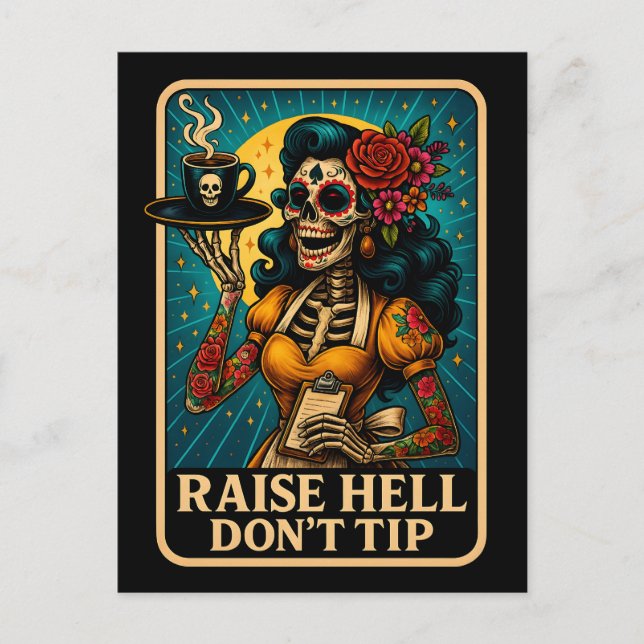 Raise Hell Skeleton Waitress Retro Holiday Postcard (Front)