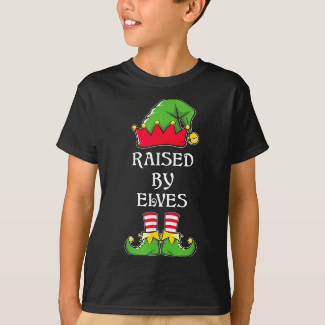Raised By Elves Funny Christmas Family Elves Squad T-Shirt (Front)