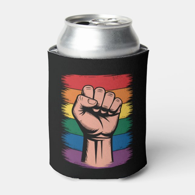 Raised Fist Pride Rainbow LGBTQ Support Rights Can Cooler (Can Front)