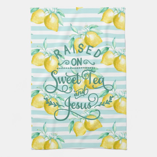 Raised on Sweet Tea and Jesus | Lemon Pattern Kitchen Towel (Vertical)