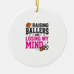 Raising Ballers Sports Mom Vintage T-Shirt Design_ Ceramic Ornament