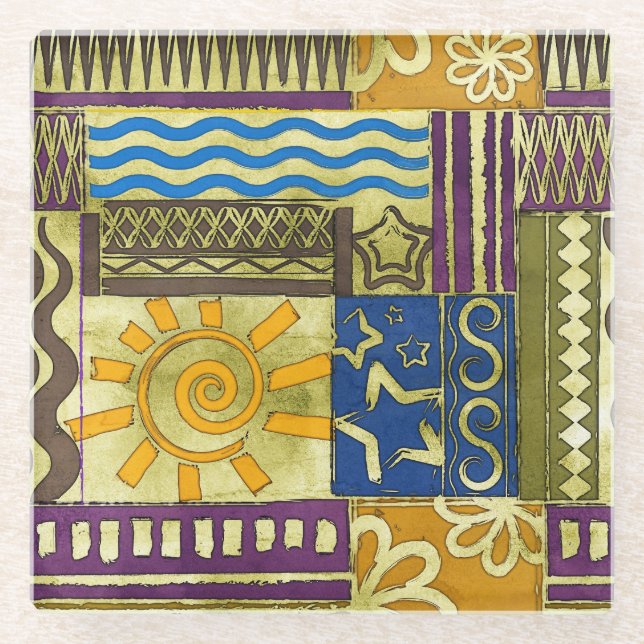 Rajasthan Indian, Patchwork Carpet Texture. Glass Coaster (Front)