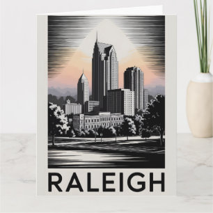 Raleigh North Carolina Skyline Black White Woodcut Card