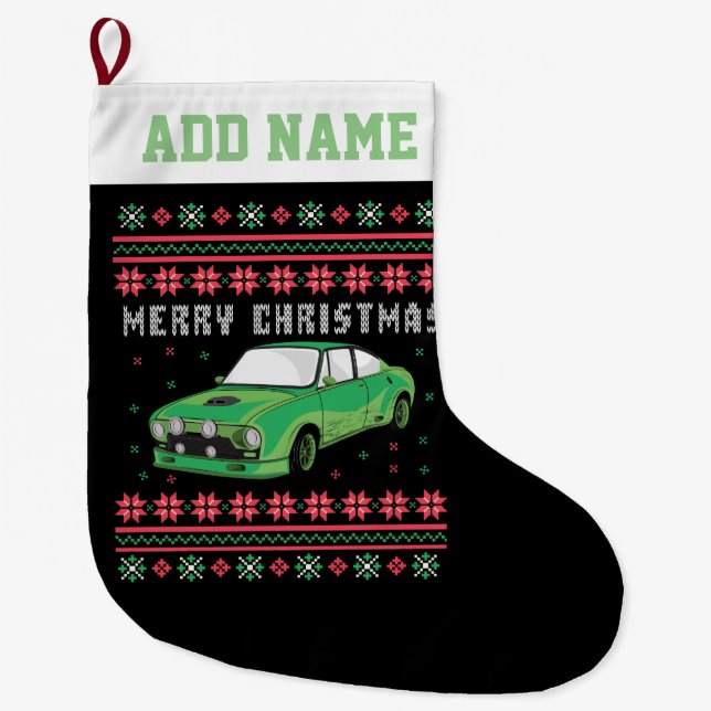 Rally Car Ugly Christmas Sweater Large Christmas Stocking (Front)