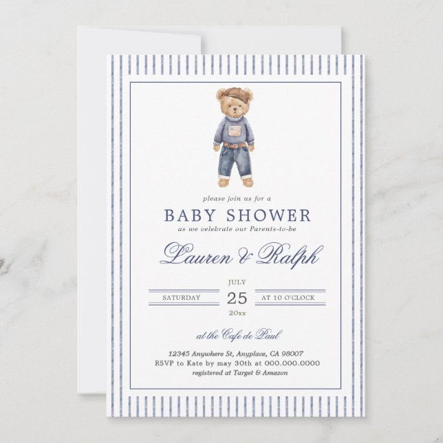 Ralph Lauren Inspired Blue Teddy Bear Baby Shower Invitation (Front)