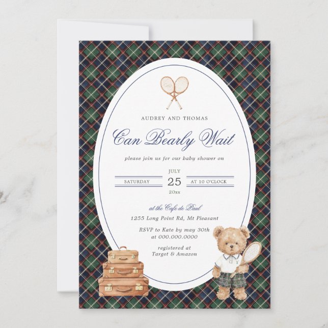 Ralph Lauren Inspired Plaid Teddy Bear Boy  Invitation (Front)