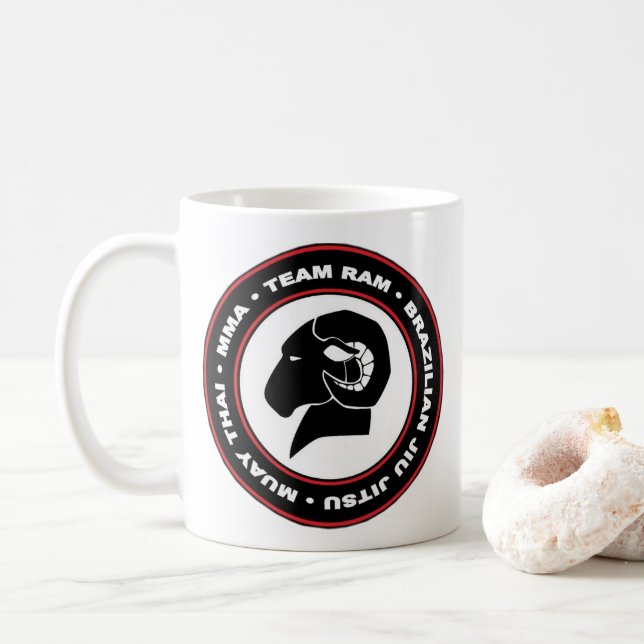 RAM Coffee Mug, Black and Red Logo Mug (With Donut)