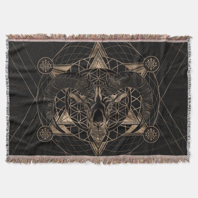 Ram in Sacred Geometry - Black and Gold Throw Blanket (Front)