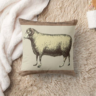 Ram Sheep Rustic Farm Beige Throw Pillow
