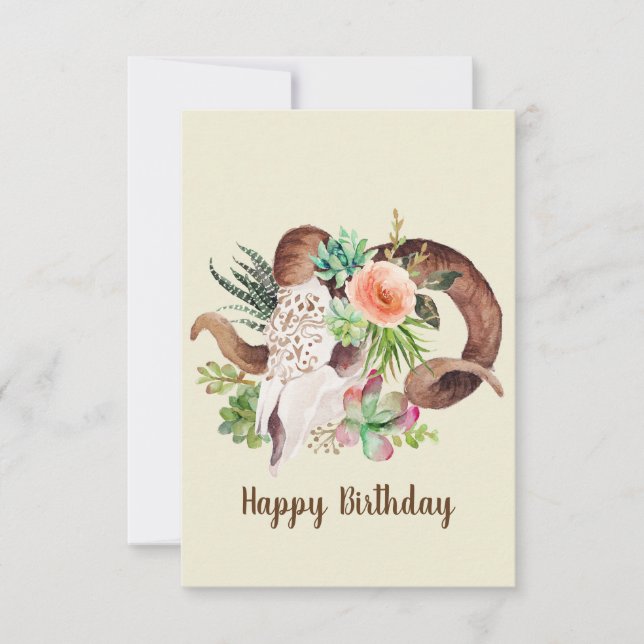 Ram Skull and Succulent Customizable Birthday Card (Front)