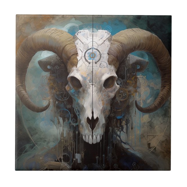 Ram Skull Surreal Fantasy Art Tile (Front)