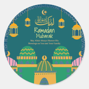 Ramadan  Eid Mubarak  Golden Calligraphy Greenblu  Classic Round Sticker